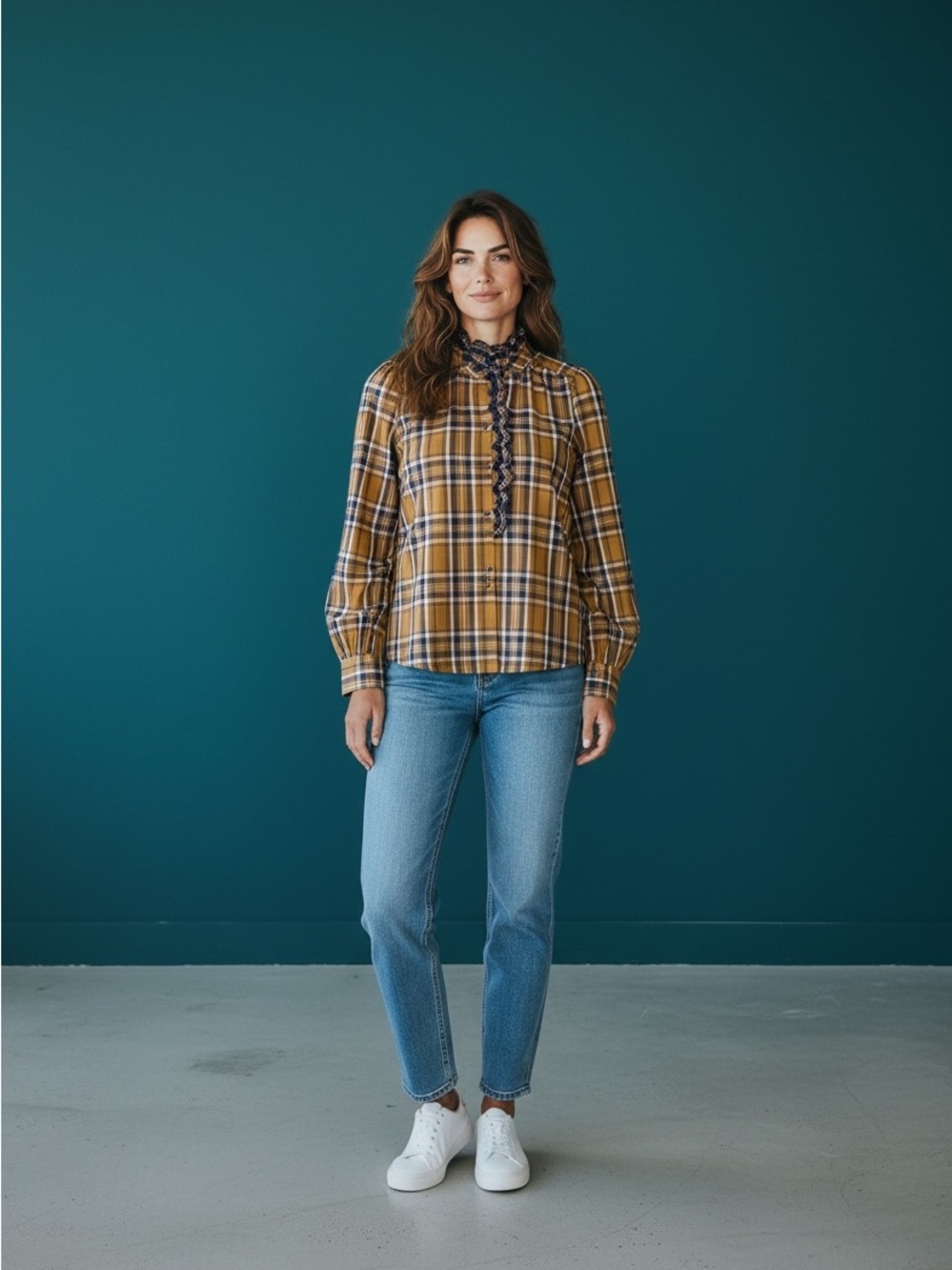 Sezane Mustard Plaid Ruffle-Neck Blouse with Navy Trim